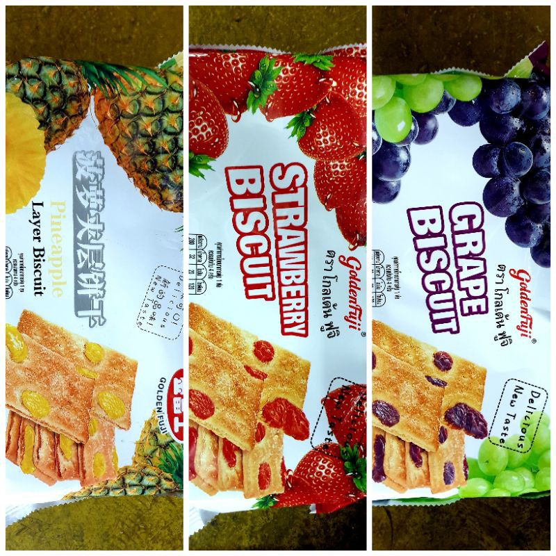 golden fuji strawberry biscuit grape biscuit pineapple biscuit ขนมปังกรอบหน้าผลไม้อบแห้ง ตรา โกลเด้น