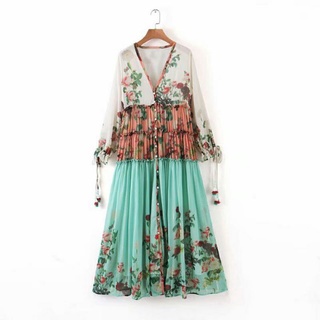 พร้อมส่ง Maxi dress เดรสโบฮีเมียน ลายดอก ทรงปล่อย