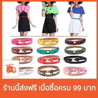 ※แฟชั่นสี Candy Bowknot หนัง Faux หนังผอมบางผื่นเข็มขัดคาดเอว