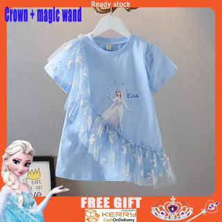 [Frozen Shirt] เสื้อเชิ้ตแขนสั้นเนื้อผ้าฝ้ายลาย Frozen สําหรับเด็กผู้หญิง 2-8 ปี