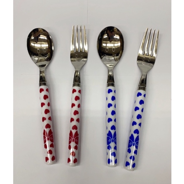 ช้อนส้อมสเตนเลสลายหัวใจ สีแดง,สีน้ำเงิน