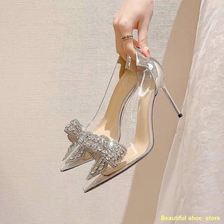 จัดส่งที่รวดเร็ว#🚚⚡∈┇☈2022 ใหม่โปร่งใสรองเท้าส้นสูงผู้หญิง stiletto ชี้ toe rhinestone โบว์เจ้าสาวงานแต่งงานรองเท้าเดีย