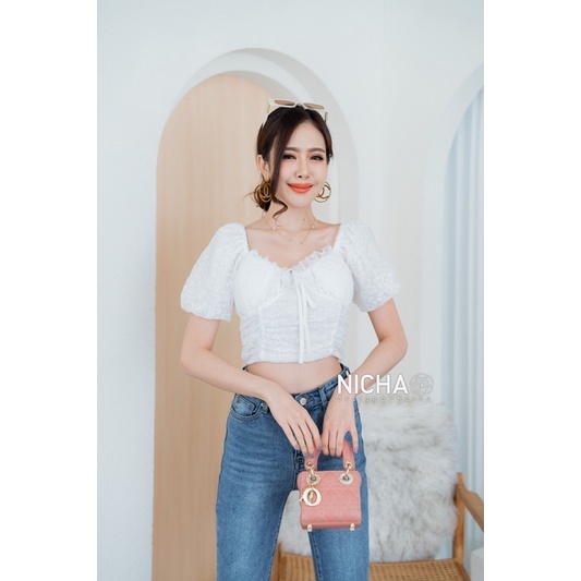 NICHA online🛒🌈เสื้อครอป แขนตุ๊กตา ผ้าลูกไม้ เสริมฟองน้ำ แต่งโบว์อก มีซิปด้านหลัง สามารถปรับได้ น่ารักๆๆ 🌸🥰 - รูปที่ 3