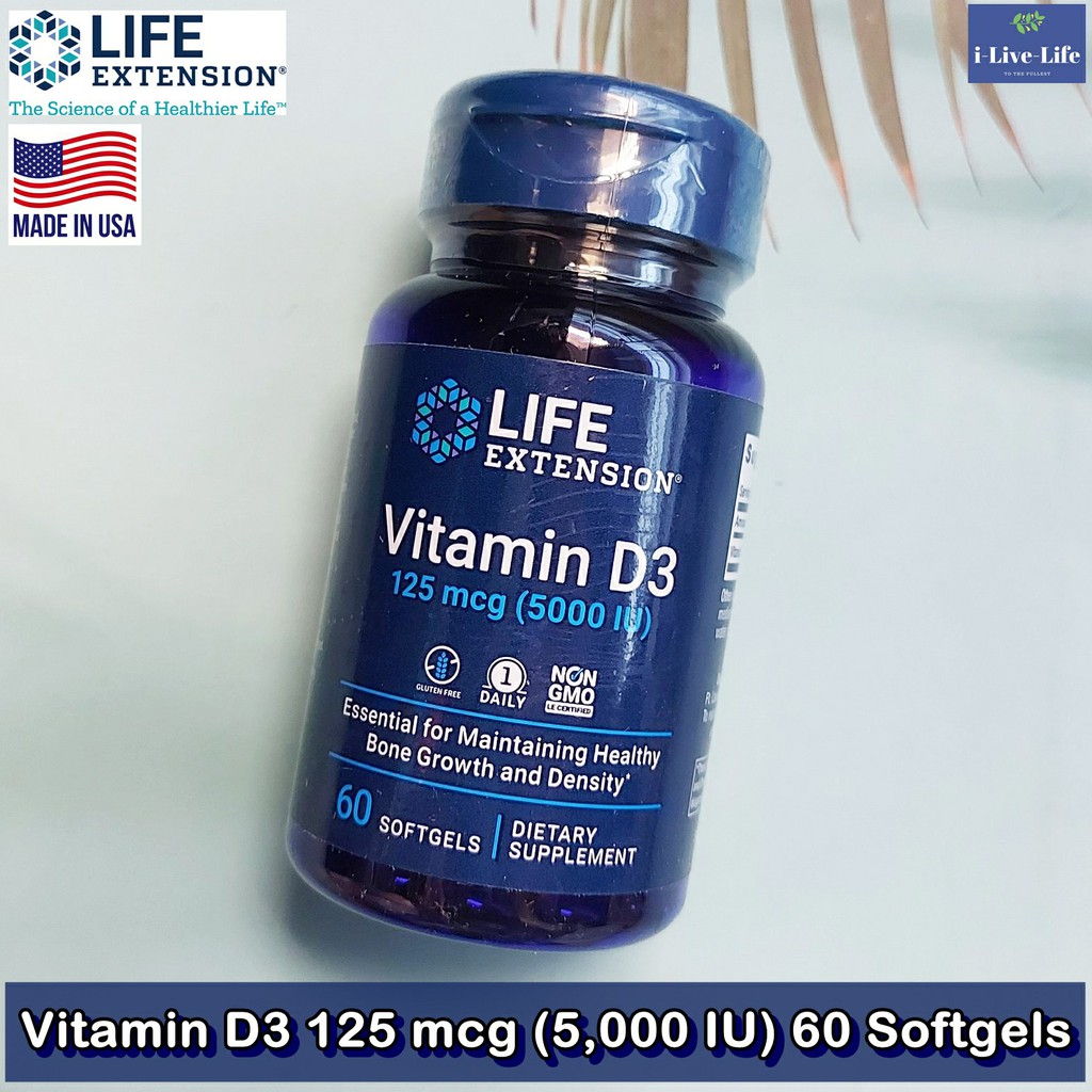 วิตามินดี 3 Vitamin D3: 125 mcg (5,000 IU) 60 Softgels - Life Extension D-3 D3