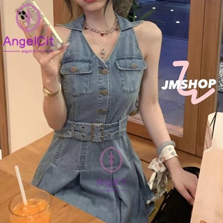 Angelcity※jmshop Tiancai Qimei ชุดเดรสกระโปรงยีนสั้น จับจีบ ขนาดเล็ก สําหรับสตรี