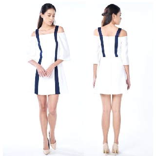 Skylynn SK003 : Jutsu White Blue : Cold Shoulder A-Line Dress