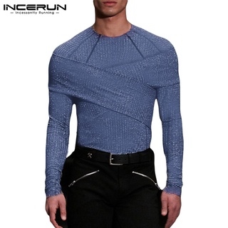 Incerun เสื้อยืดถัก แขนยาว สีพื้น ออกแบบดี ไขว้กัน แฟชั่นสําหรับผู้ชาย