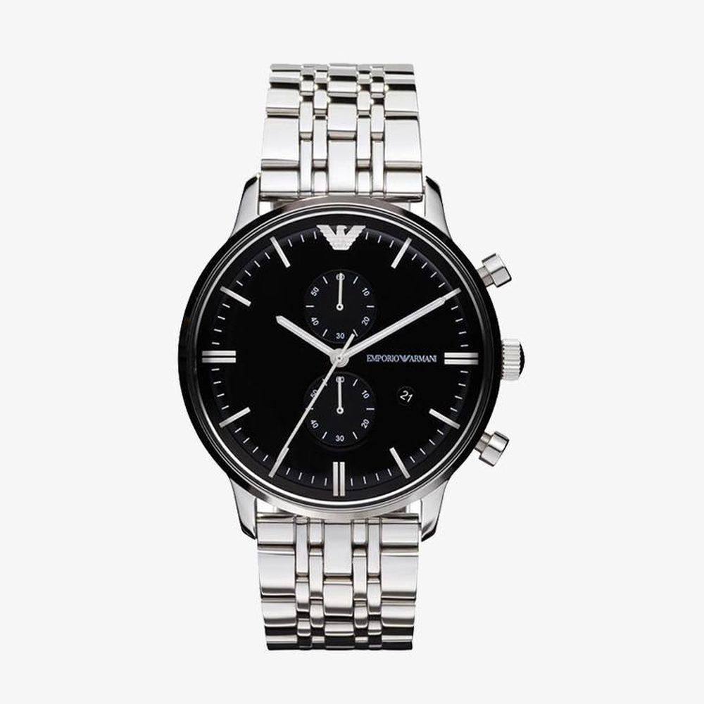 Emporio Armani นาฬิกาข้อมือผู้ชาย Classic Chronograph Black Dial Silver รุ่น AR0389 ของแท้ 100% มีการรับประกัน 2 ปี