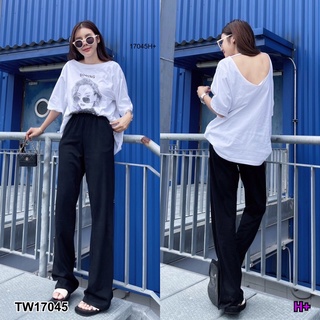 TW17045 set 2 ชิ้น เซตเสื้อยืดทรง oversize ดีเทลแบบเว้าหลังสุดแซ่บบ ลายสกรีน กับกางเกงขายาว ทรงขาม้า