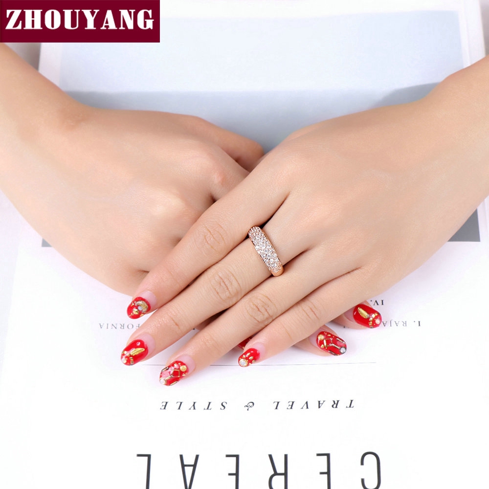 ZHOUYANG แหวนแต่งงานสำหรับผู้หญิงที่สง่างาม Cubic Zirconia Rose Gold สีแฟชั่นเครื่องประดับคริสตัลออสเตรียของขวัญ R061 R109
