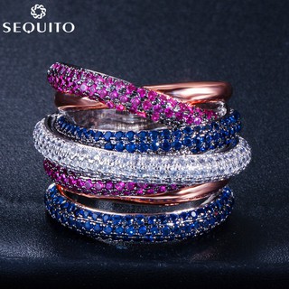 【Sequito】R009 แหวนหมั้นแต่งงาน ประดับเพทายคริสตัล สีแดง สีฟ้า สีโรสโกลด์ หรูหรา【Sequito】