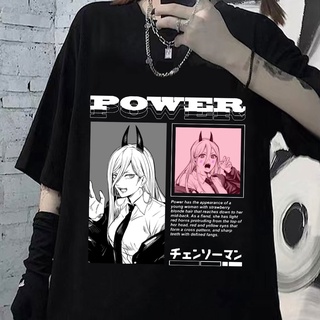 T-shirt  เสื้อยืดแขนสั้น ผ้าฝ้ายแท้ พิมพ์ลายการ์ตูนอนิเมะ Chainsaw Man Power สไตล์ฮาราจูกุ สตรีท สําหรับผู้ชายS-5XL