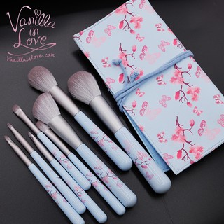 VL26 ชุดแปรงแต่งหน้า Vanilla in love ลายซากุระ สีฟ้า 8 ชิ้น พร้อมกระเป๋า