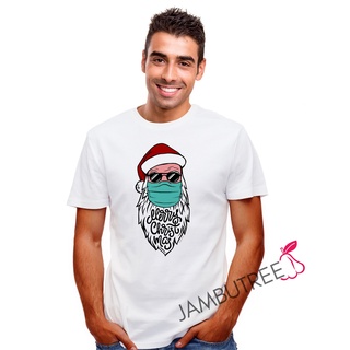 เสื้อยืดผ้าฝ้าย เสื้อยืดคริสต์มาสJambutree Funny Merry Christmas Party Celebration Santa Claus Wear Mask Stay Safe Unise