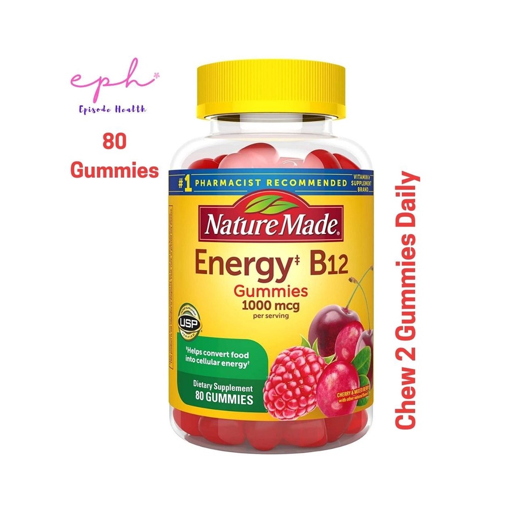 Nature Made Energy B-12 Adult Gummies Cherry &amp; Wild Berries 80 Gummies วิตามินบี 12 สำหรับผู้ใหญ่ 80 กัมมี่