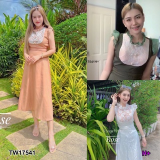 17541 Dress เดรสแขนกุดไหล่ระบาย อกแต่งลูกไม้ Sleeveless dress with ruffled shoulders and lace detailing on the chest.