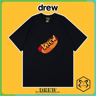 Drew ยุโรปและอเมริกาแบรนด์แขนสั้นผู้ชายและผู้หญิง Hot Dog พิมพ์หลวมคู่เสื้อยืดครึ่งแขน ผ้าฝ้าย 100%