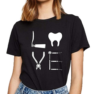 ทันตแพทย์ LOVE Tops เสื้อยืดผู้หญิงทันตกรรมทันตกรรมทันตกรรมฟันเสื้อยืด Femme อารมณ์ขันสีขาวผ้าฝ &lt;L/