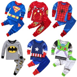 เสื้อ anime❁✾♟Marvel Cartoon Spider-Man Kids Long Sleeve Suit Batman Pajamas Captain America Underwear Iron Man &lt;