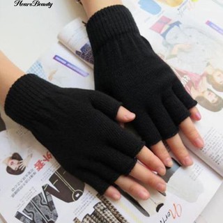 ☺♡ 1 คู่ชายหญิง Fingerless Warmer Mittens ถุงมือยืดดำยืด