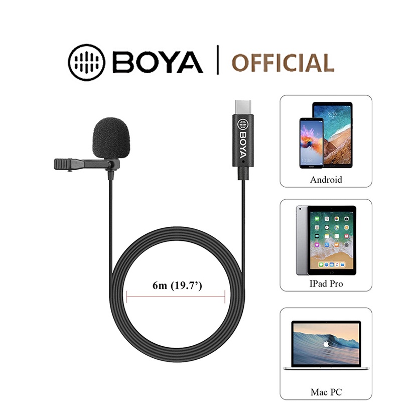 BOYA BY-M3 Type-C ไมโครโฟน แบบคลิปหนีบ สําหรับอุปกรณ์ Type-C iPad Pro Mac 6 เมตร