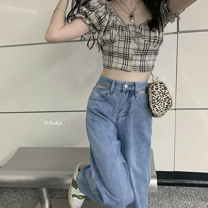 Korean กางเกงยีนส์ ✨ สไตล์เกาหลี ✨ขาขาดช่วงเอว ทรงขากระบอก สียีนส์อ่อน เนื้อผ้าดีระบายอากาศใส่สบาย 牛仔300 - - รูปที่ 4