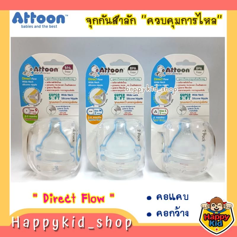 ATTOON แอทตูน จุกนม Direct Flow จุกนมทรงตรง หลายรู ควบคุมการไหล จุกกันสำลัก คอกว้าง คอแคบ