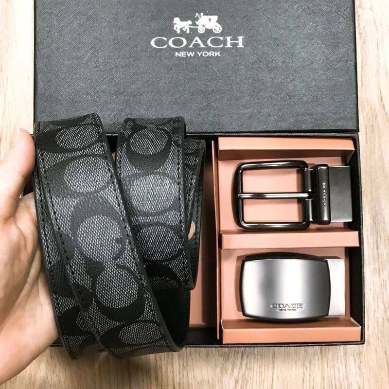 เข็มขัดผู้ชายแบรนด์เนมโค้ช COACH FACTORY BELT VALUE PACK BOX SET 2in1 Limited Edition-สีดำเทาลายC
