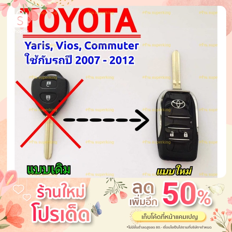 กรอบกุญแจรีโมทพับ โตโยต้า แบบ 2 ปุ่มกด รถรุ่น Toyota Yaris, Vios, Commuter ((T2))