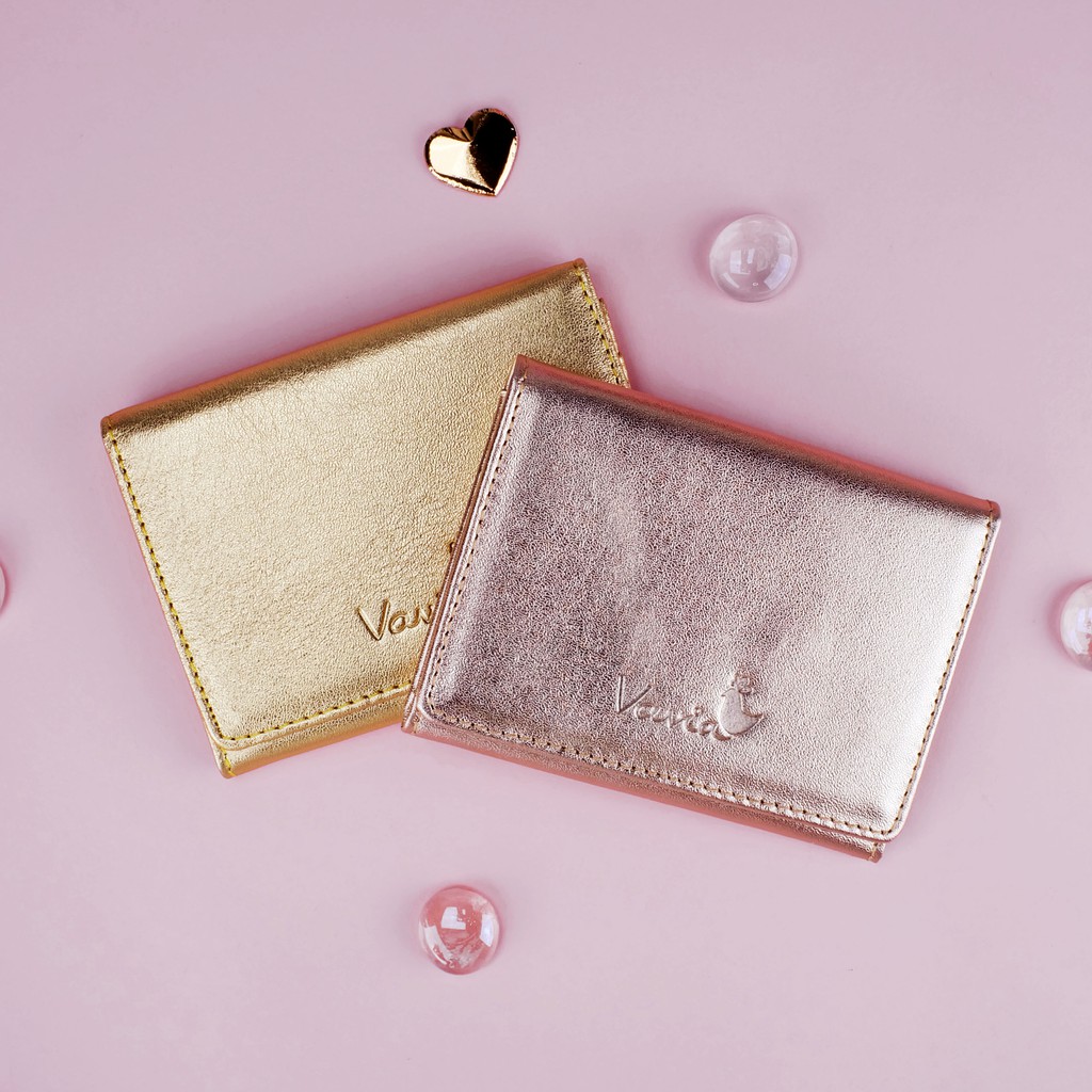 Pink Gold & Gold : Vavia Mini Purse | กระเป๋าสตางค์ใส่บัตรหนังวัวแท้ บาง เบา ใช้งานง่าย