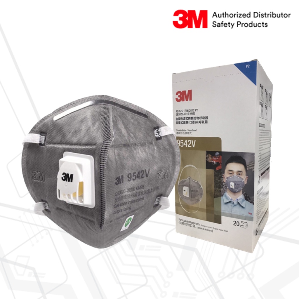 3M™ 9542V หน้ากากคาร์บอน แบบคาดศรีษะ มีวาล์ว มาตรฐาน P2, 20 ชิ้น/กล่อง