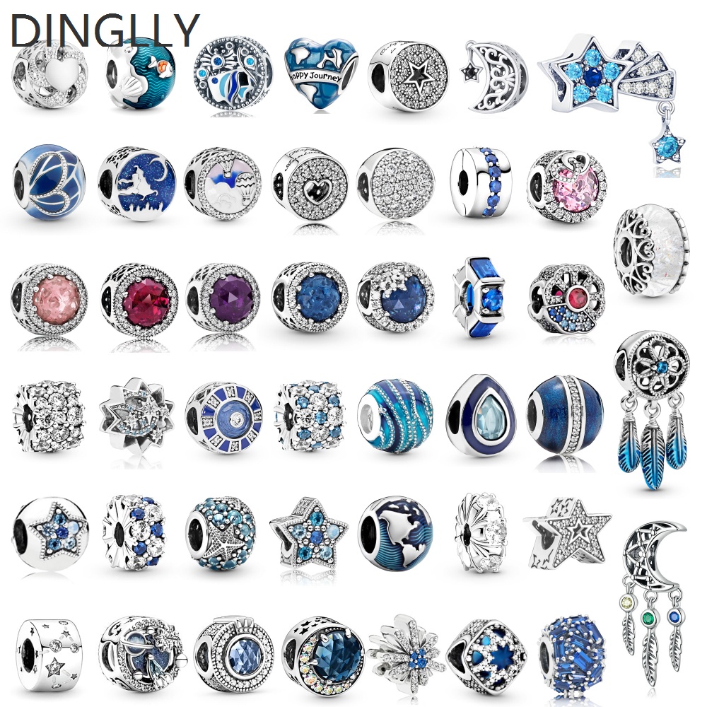 DINGLLY ลูกปัดสีเงินและคริสตัลสีฟ้า Sea Star Charm เหมาะสำหรับการทำเครื่องประดับเอง (DIY)