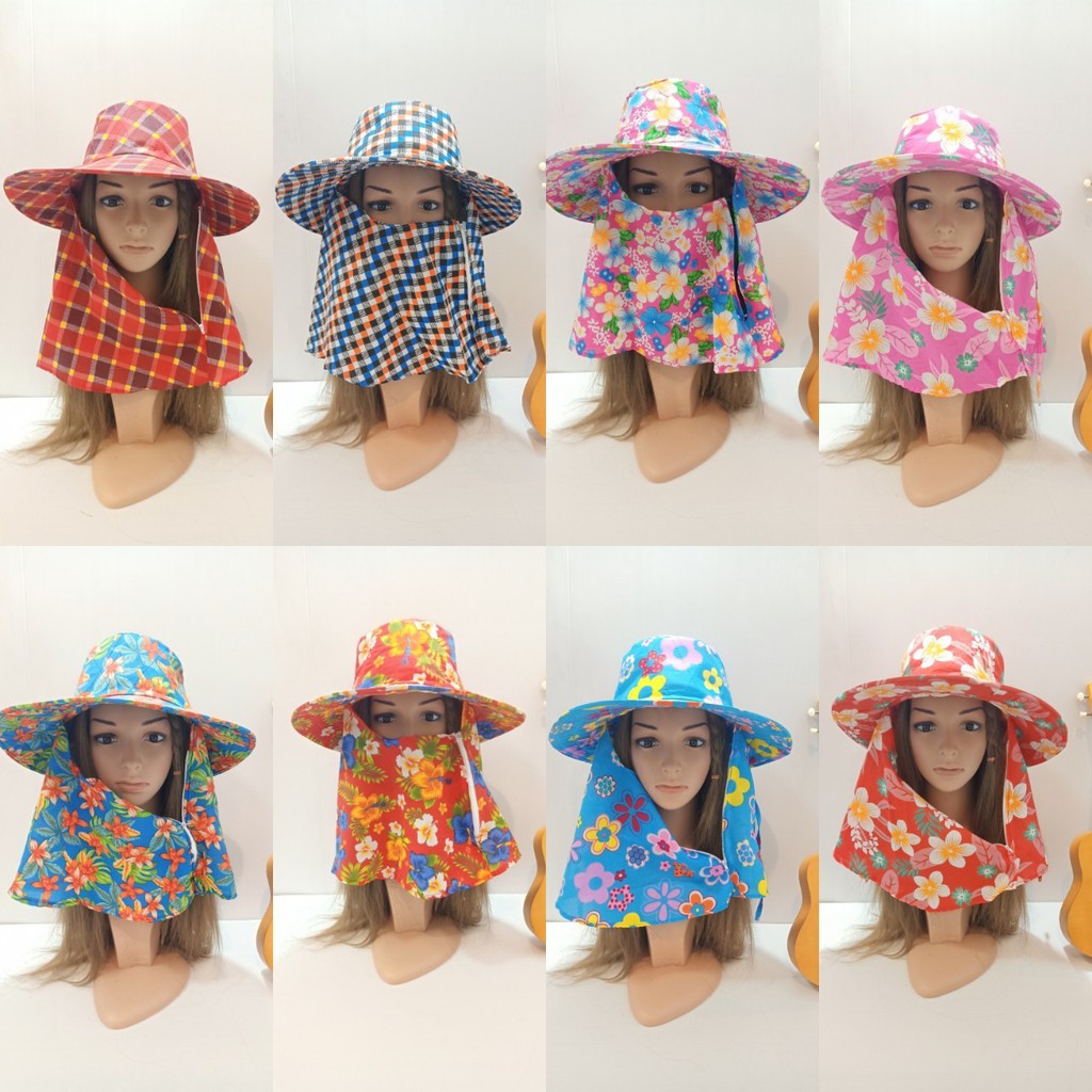 หมวก ใส่กันแดด ทำสวน บัคเก็ต ทำจากผ้าคอตตอต มีผ้าคลุมหน้ามีซิบรูด มีเชือกผูก  ไว้เดินป่า ตกปลา จัดส่งคละสี