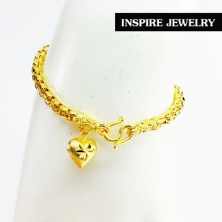 Inspire Jewelry ,สร้อยข้อมือลายบล็อค ขนาด 1 บาท ห้อยหัวใจทองตอกลาย ยาว 17cm. พร้อมถุงกำมะหยี่