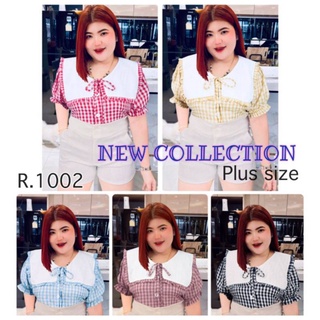 1002.R เสื้อสาวอวบปกเหลี่ยมใหญ่ แต่งกระดุมหน้า