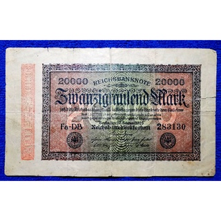 แบงก์​เก่าเยอรมัน​ Germany, 20,000 Mark,(ยุค​ Weimar​ Republic), B559T,  ใช้แล้ว