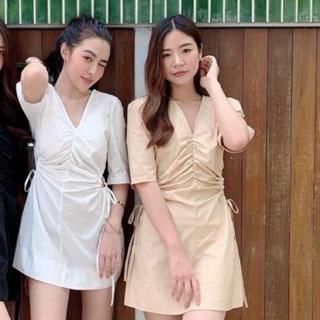 เดรสคอวี ผ้าCotton คอตตอนเนื้อหนา อย่างดี จับจีบช่วงอก เอวเว้ารูดผูกโบว์เอว