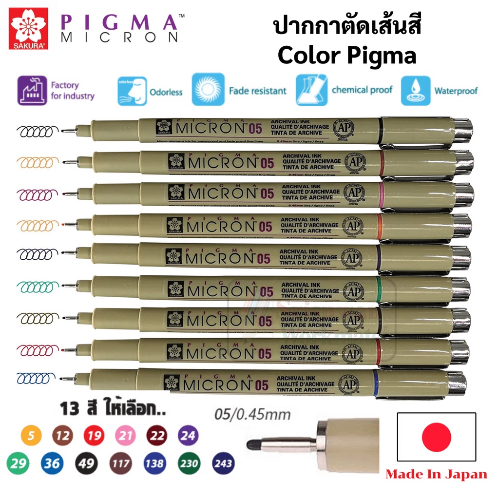 Sakura Color Pigma 005-08 พิกม่าสี น้ำเงิน/ดำ/แดง/เขียว ปากกาตัดเส้น ของแท้100% Japan กันน้ำ ปากกาพิกม่า พิจม่า ซากุระ
