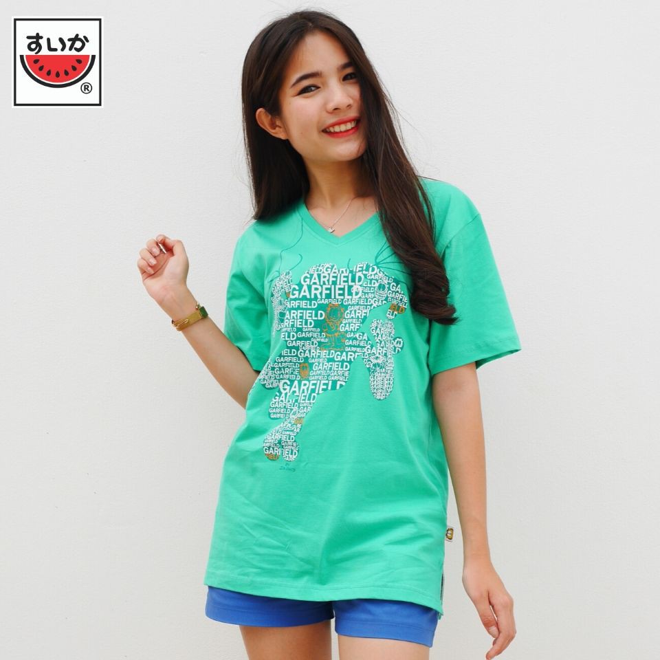 แตงโม (SUIKA) - เสื้อแตงโม คอวี ลาย GARFIELD สีเขียว