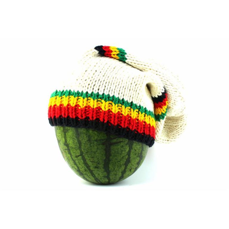 สินค้าราสต้า Beanie White Long Forehead and Middle Stripes Green Yellow Red Black หมวกบีนนี่ RASTA L