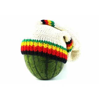 สินค้าราสต้า Beanie White Long Forehead and Middle Stripes Green Yellow Red Black หมวกบีนนี่ RASTA LONG WHITE BEANIE FOR