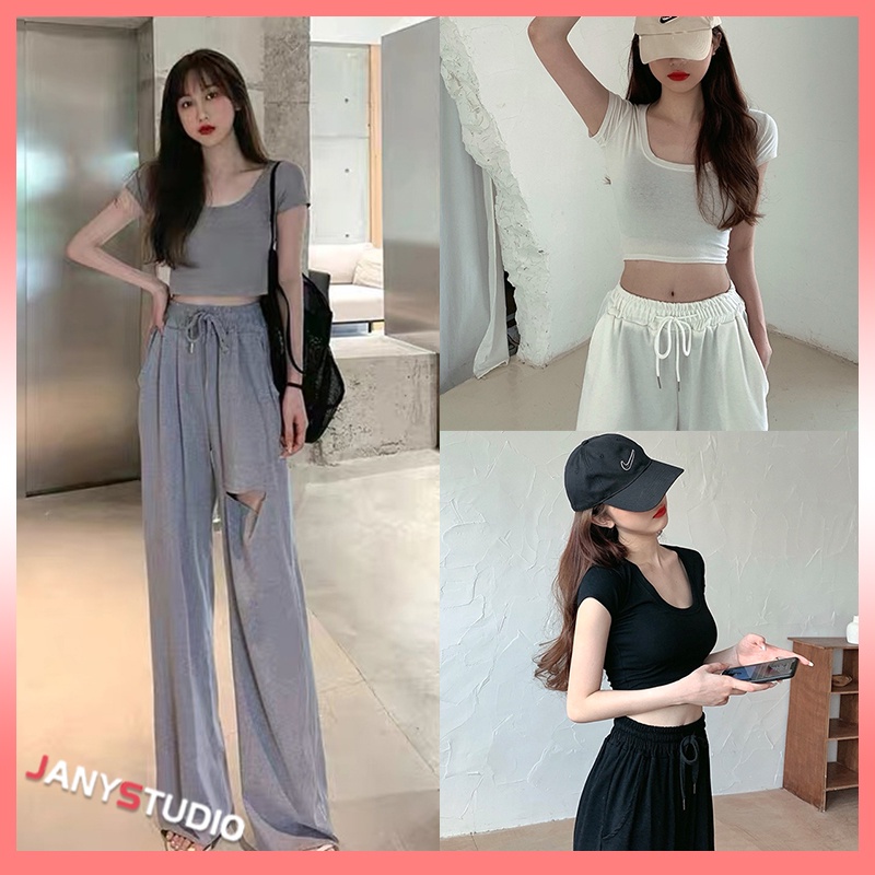 ชุดSet 2 ชิ้น ชุดเซ็ตผู้หญิงมาใหม่  ผ้านุ่มใส่สบาย เสื้อยืดคอยูเอวลอย+เกงกางขายาวเอวสูง  ชุดเซ็ต  ชุ