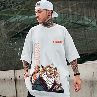 [S-8XL] Oversize Street National Tide เสื้อยืดผู้ชายอินเทรนด์ Tiger พิมพ์หลวม PLUS ขนาดแขนสั้น PLUS ไขมันเพิ่มคู่