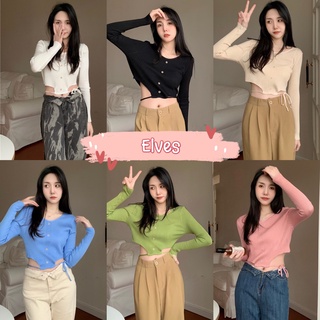 Elves✨พร้อมส่ง✨ เสื้อไหมพรมแขนยาวคอกลม แต่งกระดุมหน้ามีเชือกผูกได้เซ็กซี่ ~ 5597 ~