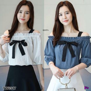 &lt;TW6517&gt;Set2ชิ้น เสื้อสายเดี่ยวปาดไห่ลผูกโบว์ +กระโปรงเอวสูง เสื้อสายเดี่ยวปาดไห่ลระบาย แบบผูกเอง