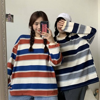 ผ้า COTTON เสื้อแขนยาว คอกลม Oversize ลายทาง กันหนาว ผ้าหนา #392