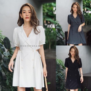 พร้อมส่ง-Vshop เดรสทรงสูท เว้าข้าง มีเชือกรูดเอว