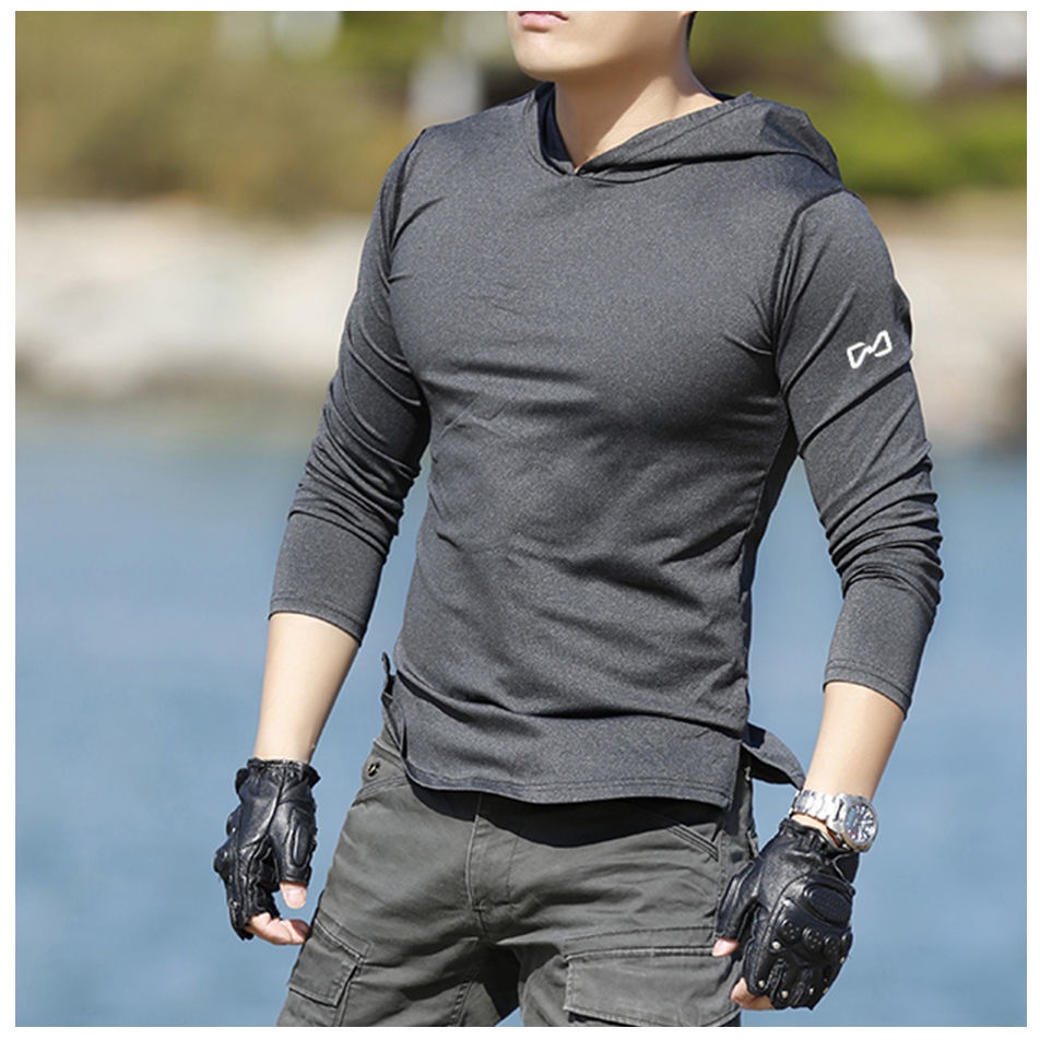 ฮู้ดแขนยาวผู้ชายทีเสื้อยืดปิดเสื้อสวมหัว