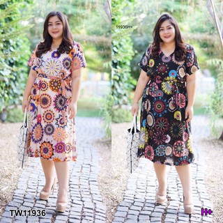AK 11936 Dress #Big Size เดรสคอวีแขนสั้น