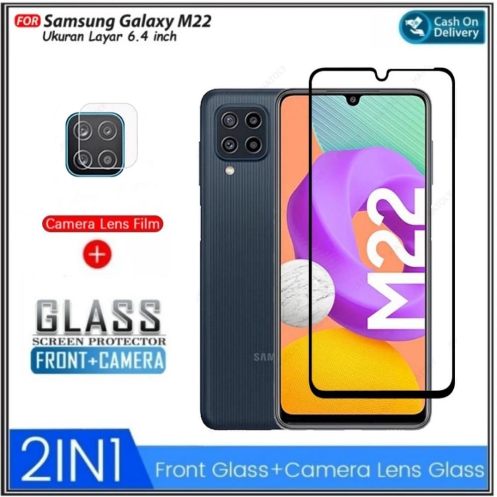 2IN1 กระจกนิรภัย Samsung M22 F22 4G ฟรีกล้องกันรอยขีดข่วน Galaxy M22 F22 4G